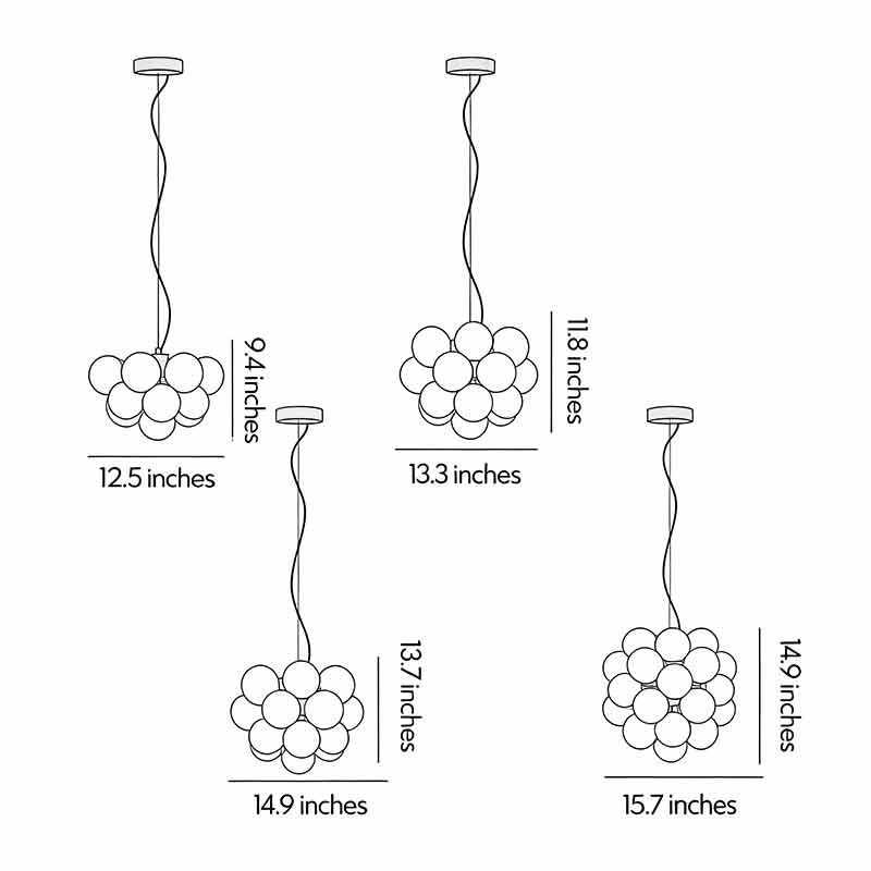 Dimension diagrams for four different sizes of modern glass bubble chandeliers.