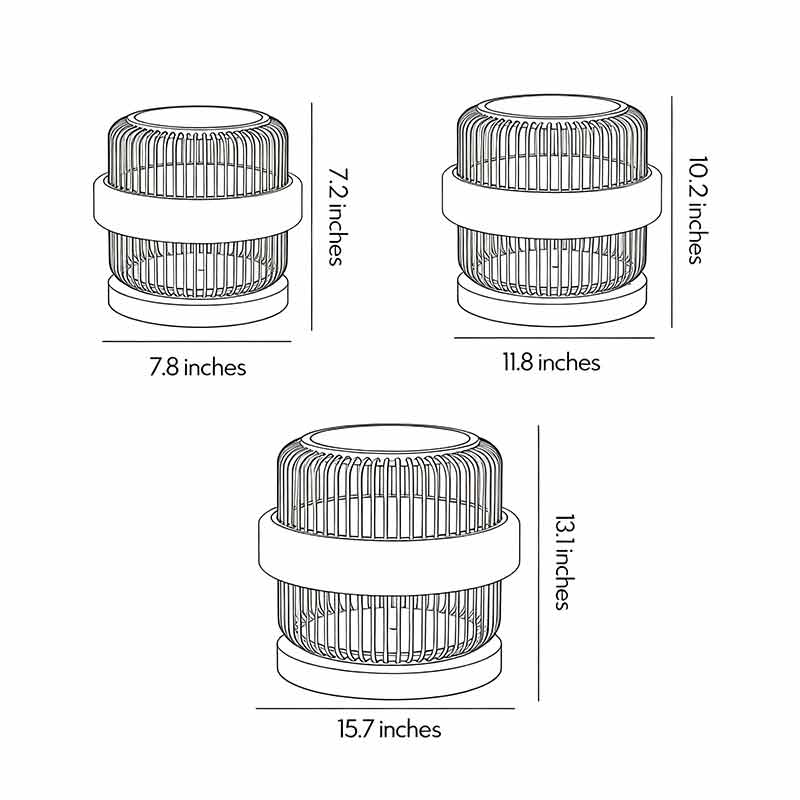 Dimensional drawings for three product specifications of outdoor round pillar lights.