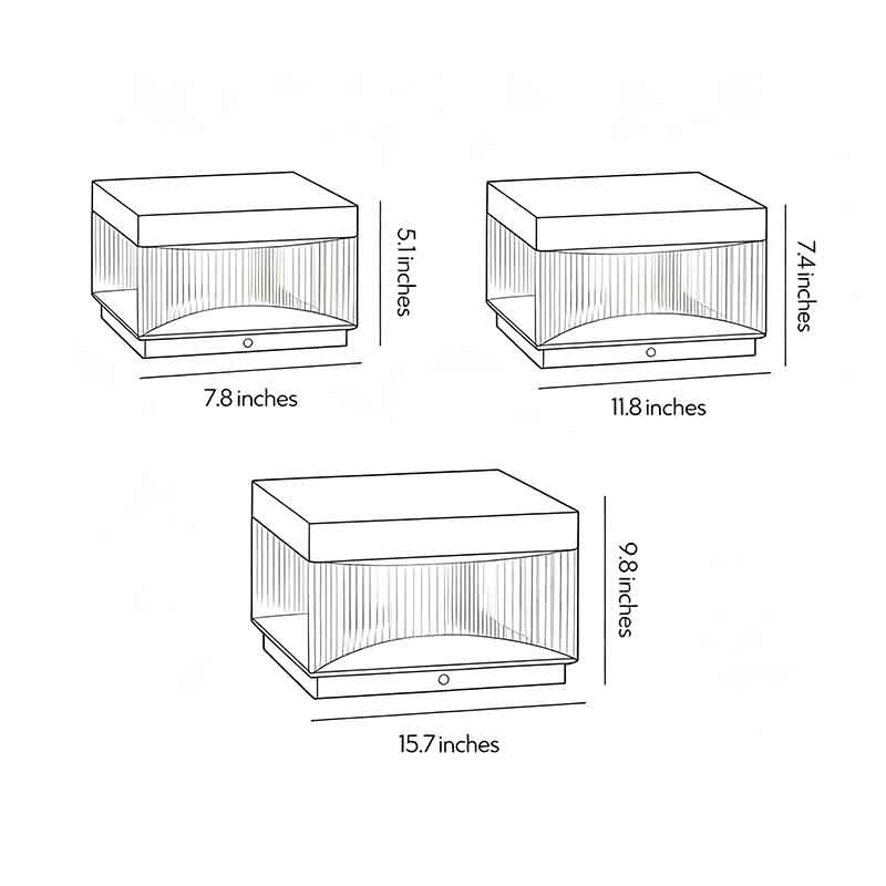 Dimensional diagrams for three product specifications of outdoor solar pillar lights.
