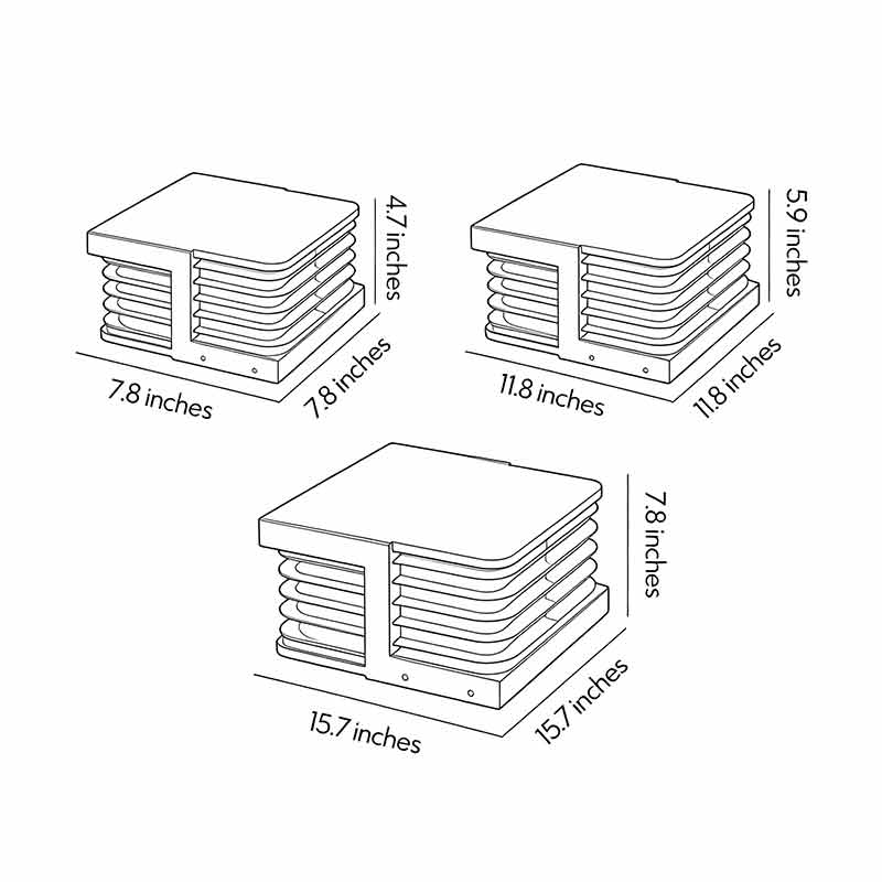 Dimensional diagrams for three product specifications of solar gate pillar lights.