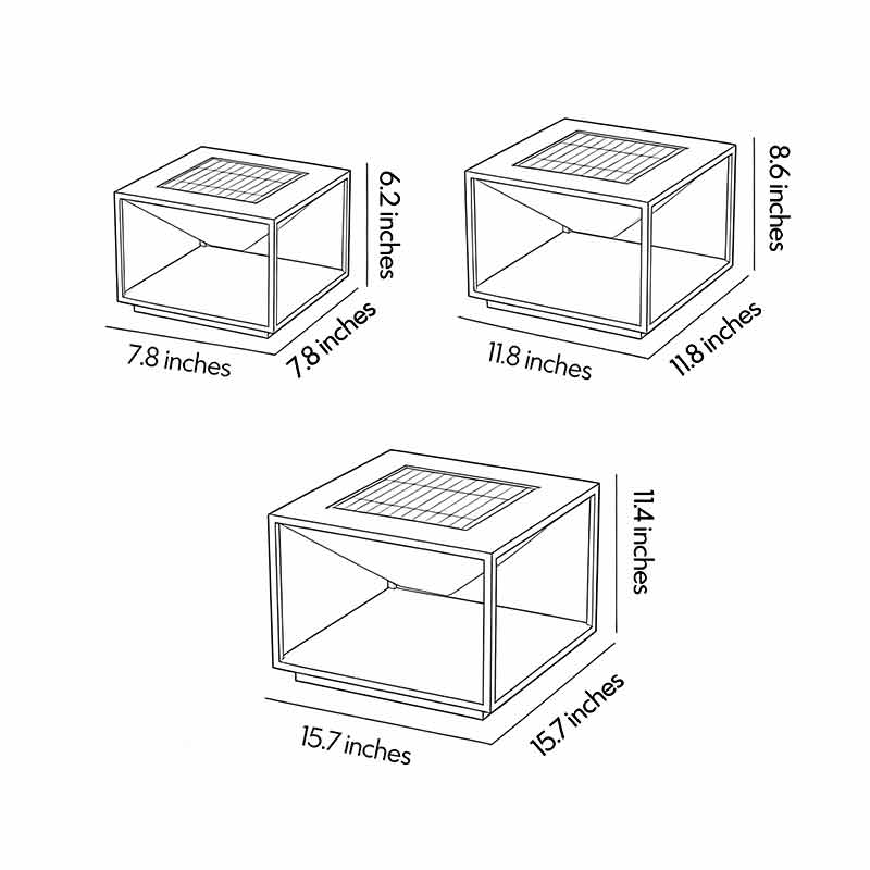 Dimensional diagrams for the three product specifications of the Outdoor Solar Pillar Light.
