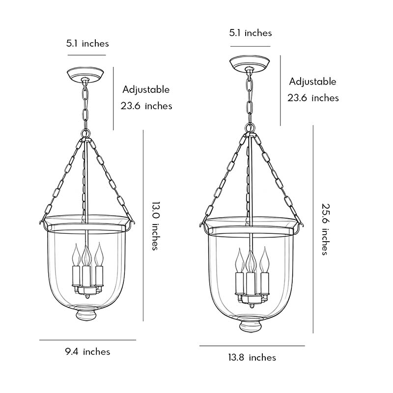 Dimensions of two different sizes of glass chandeliers for dining room.