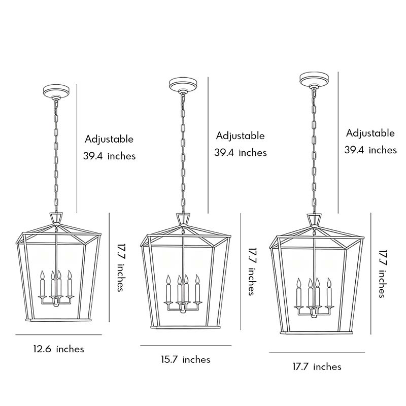 Size charts for the Gold Lantern Chandelier in three different sizes.