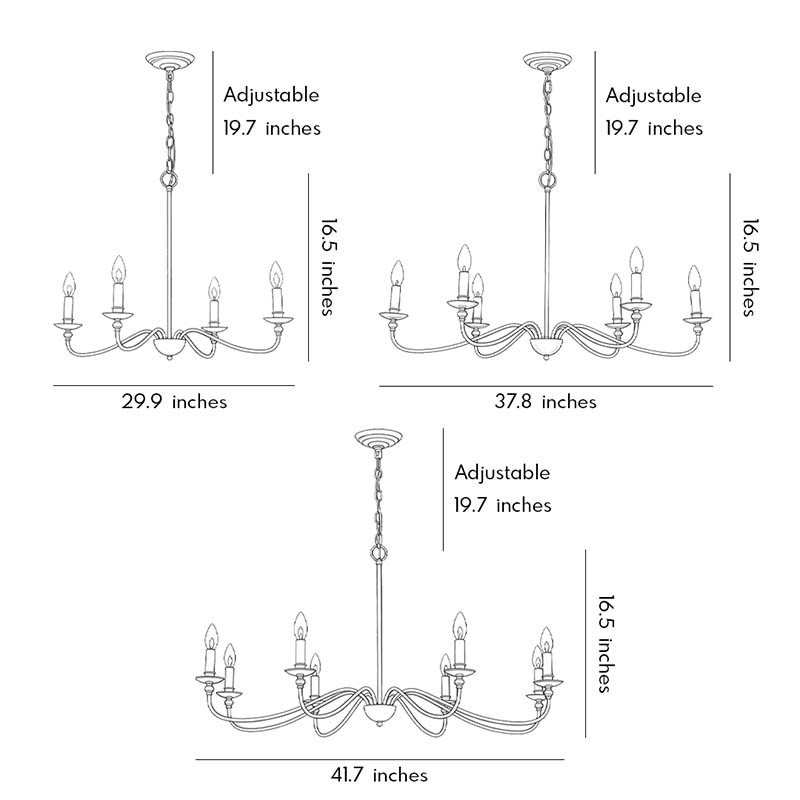 Size charts for three different sizes of the modern brass chandelier.