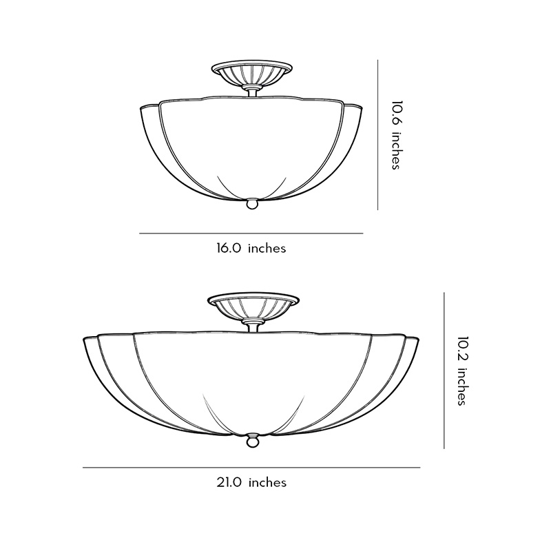 Dimensions of glass ceiling lights in two different sizes.