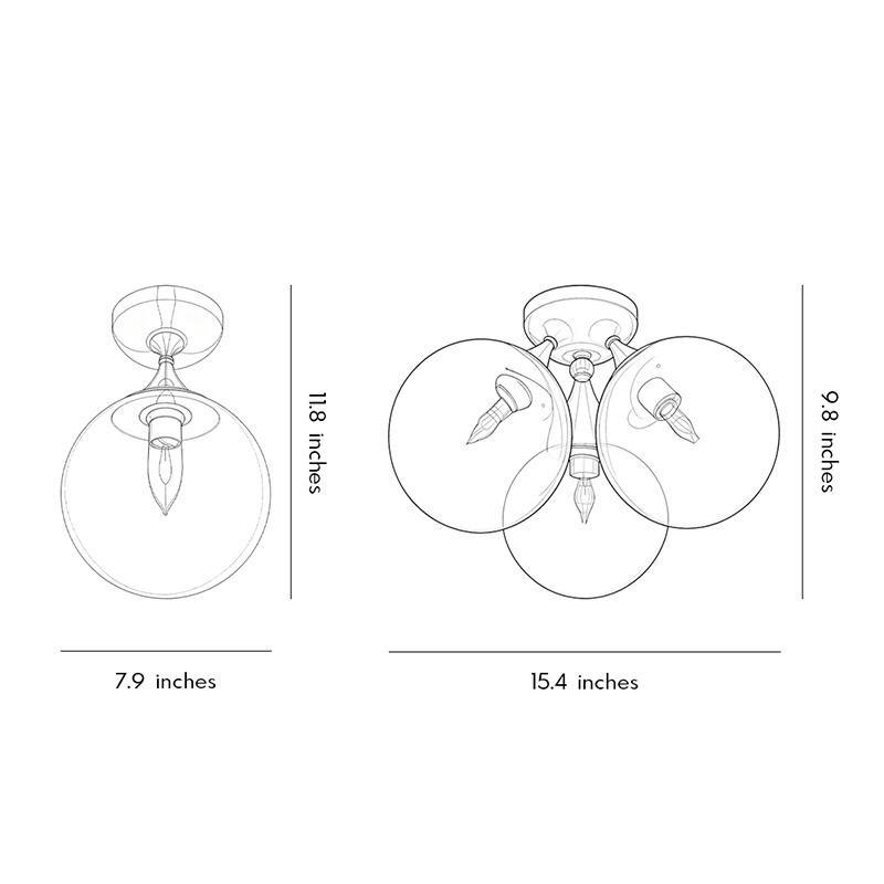 Dimensions of two different sizes of contemporary flush mount light fixtures.