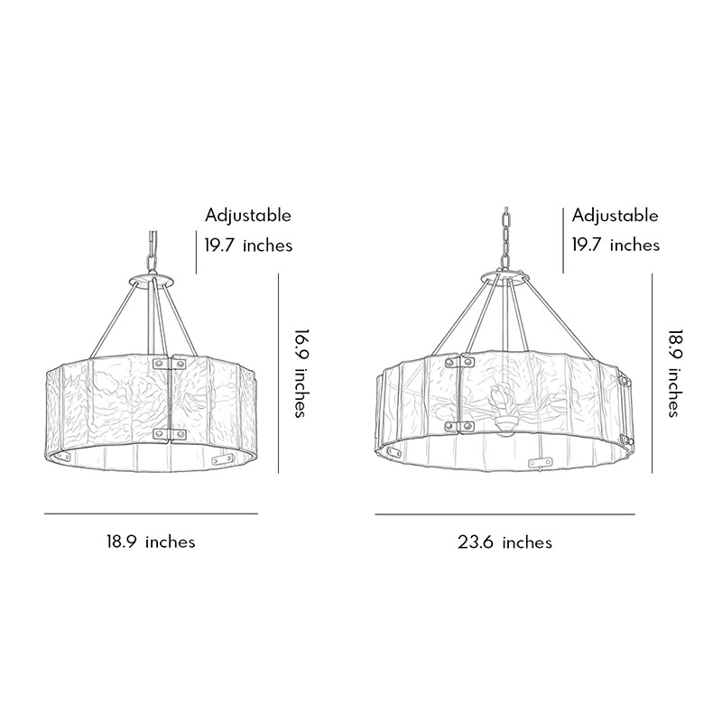 Dimensions of a modern drum chandelier in two different sizes.
