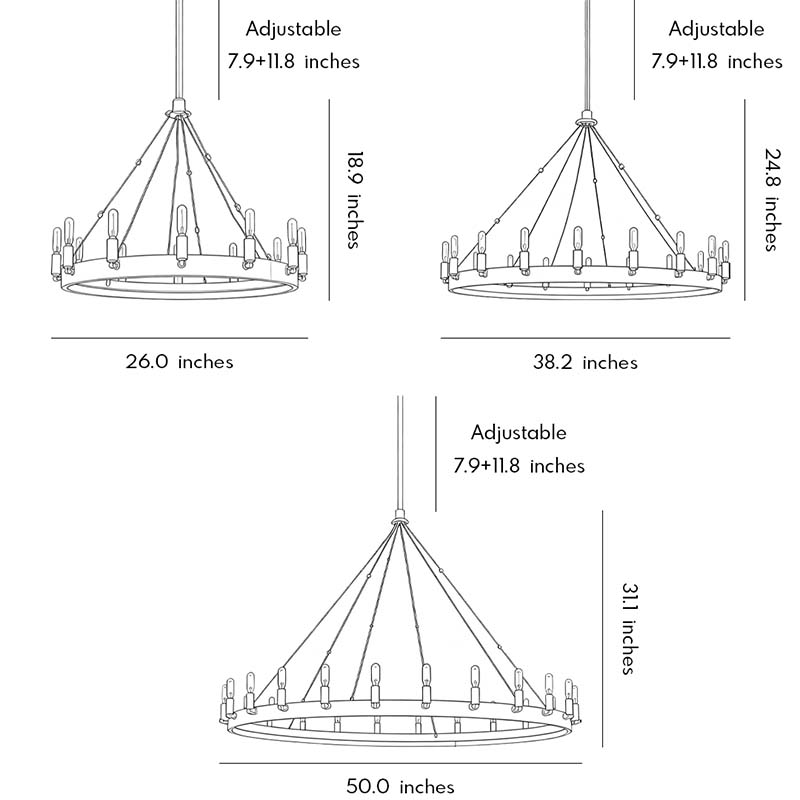 Size charts for three different sizes of the black iron chandelier.