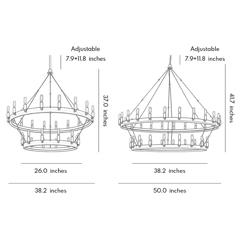 Size charts for two different sizes of the black iron chandelier.