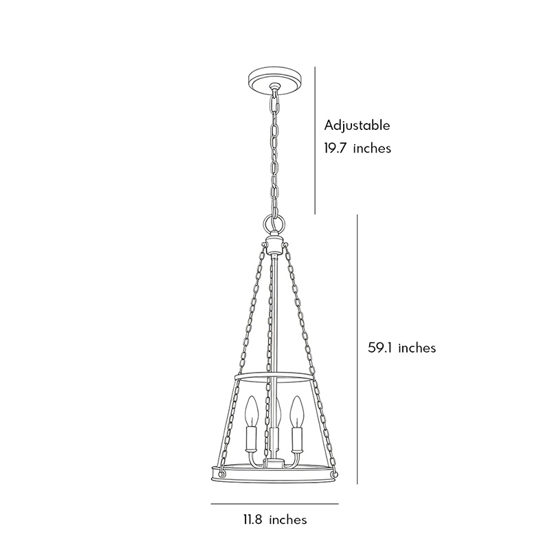 Product size chart for glass candle chandelier 11.8inch by 59.1inch.
