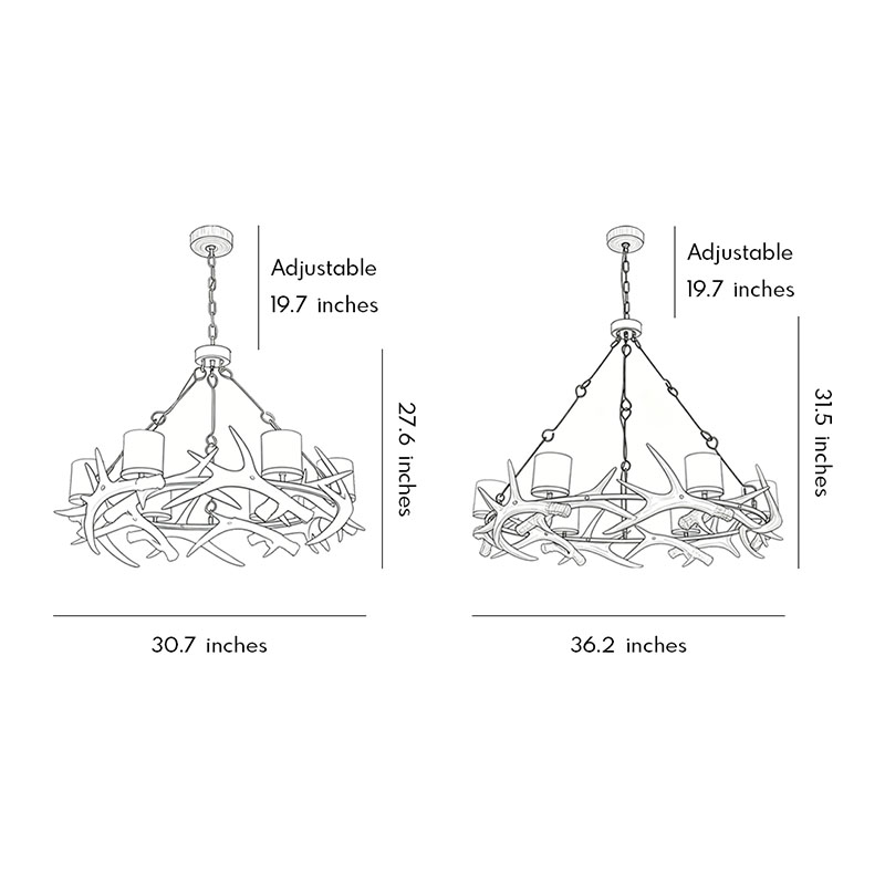 Dimensional diagrams of the modern Antler chandelier in two different sizes.