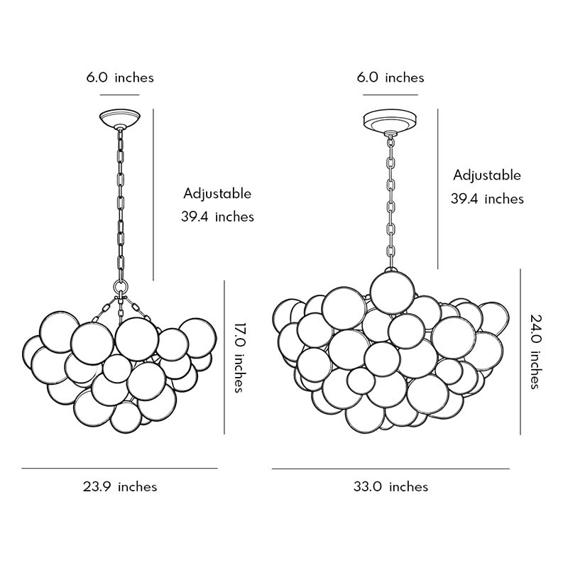 Dimensional diagrams of two different sizes of glass chandelier art.