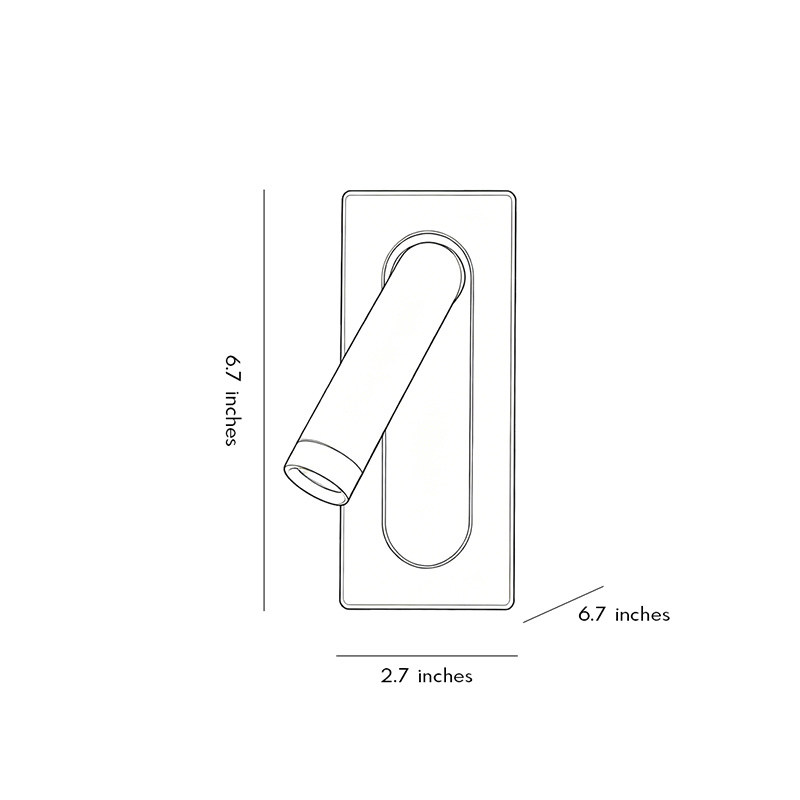 Product dimension diagrams for wall-mounted spotlights  2.7inch by 6.7inch by 6.7inch.