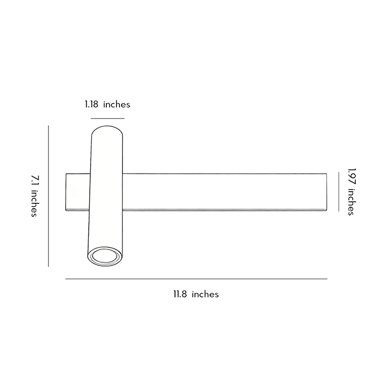 Product dimensions diagram for linear wall sconces.11.8inch by 7.1inch by 1.97inch