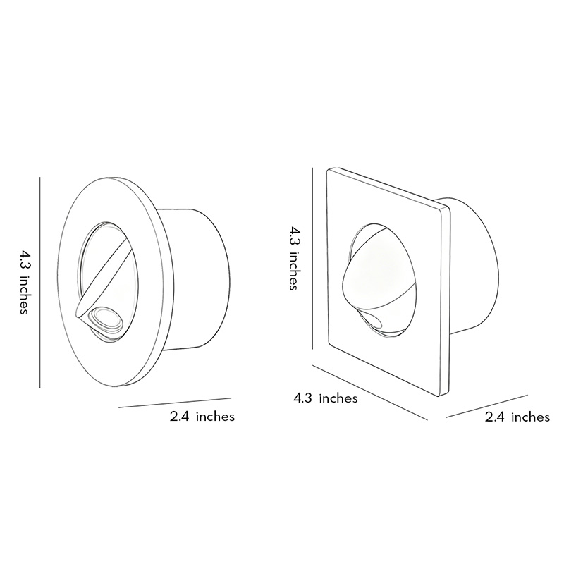 Product dimension diagrams for two styles of flush-mount wall lights.