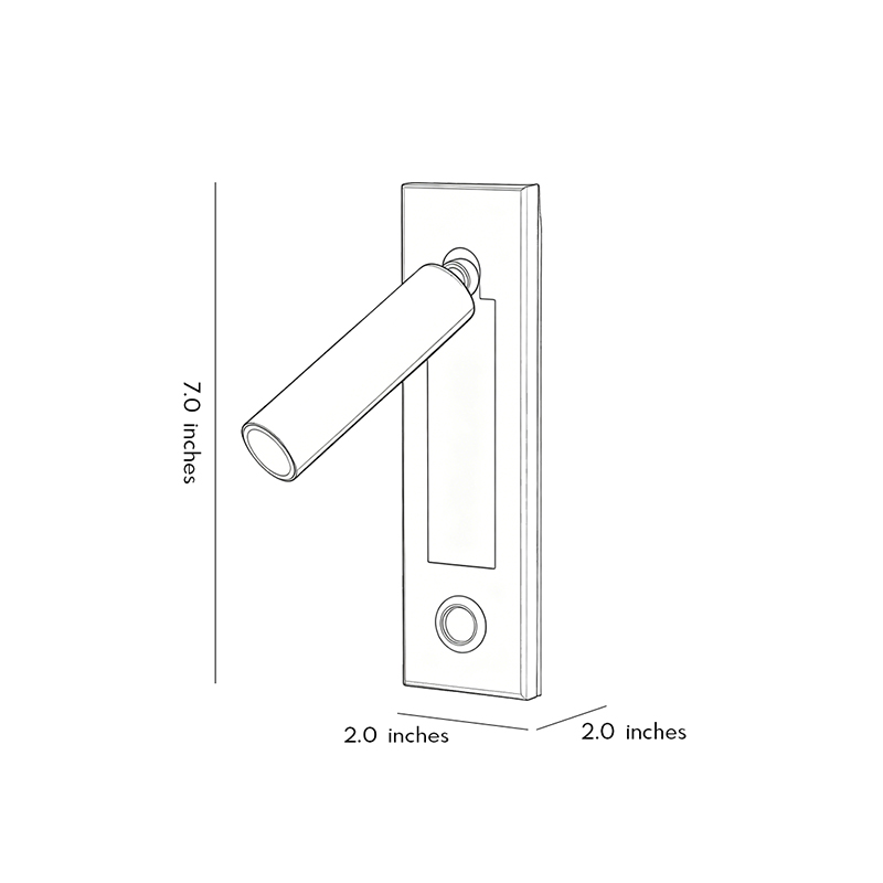 Product dimension diagrams for wall-mounted LED lights 2.0inch by 2.0inch by 7.0inch.
