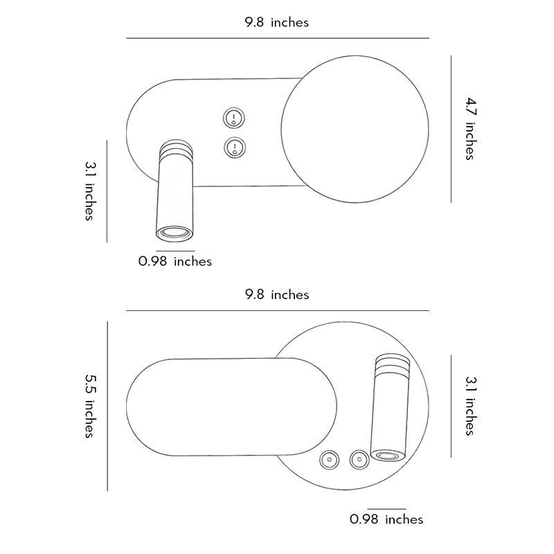 Product dimension diagrams for two styles of wall-mounted bedside reading lights.