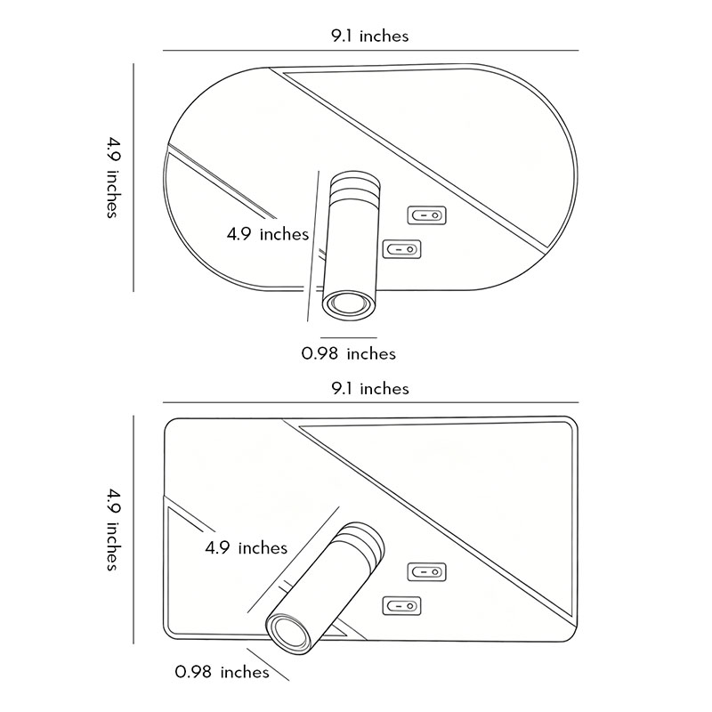 Product dimension diagrams for two styles of wall lights with integrated reading lights.