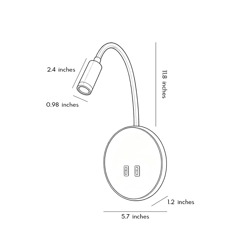 Product dimension diagram for the wall-mounted bedside light 5.7inc by 1.2inch.