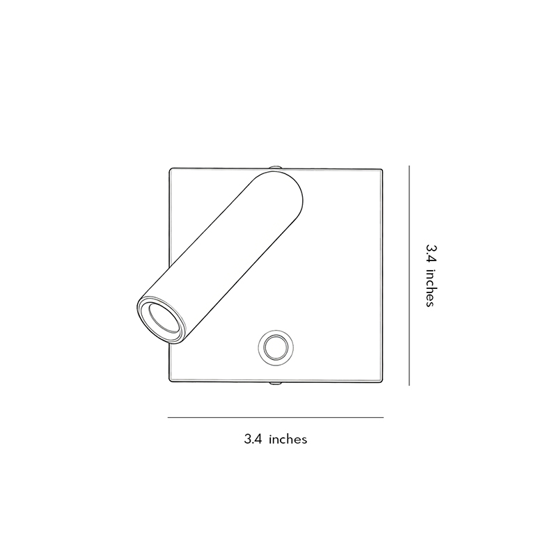 Product dimension diagram for the wall-mountable reading light 3.4inch by 3.4inch.