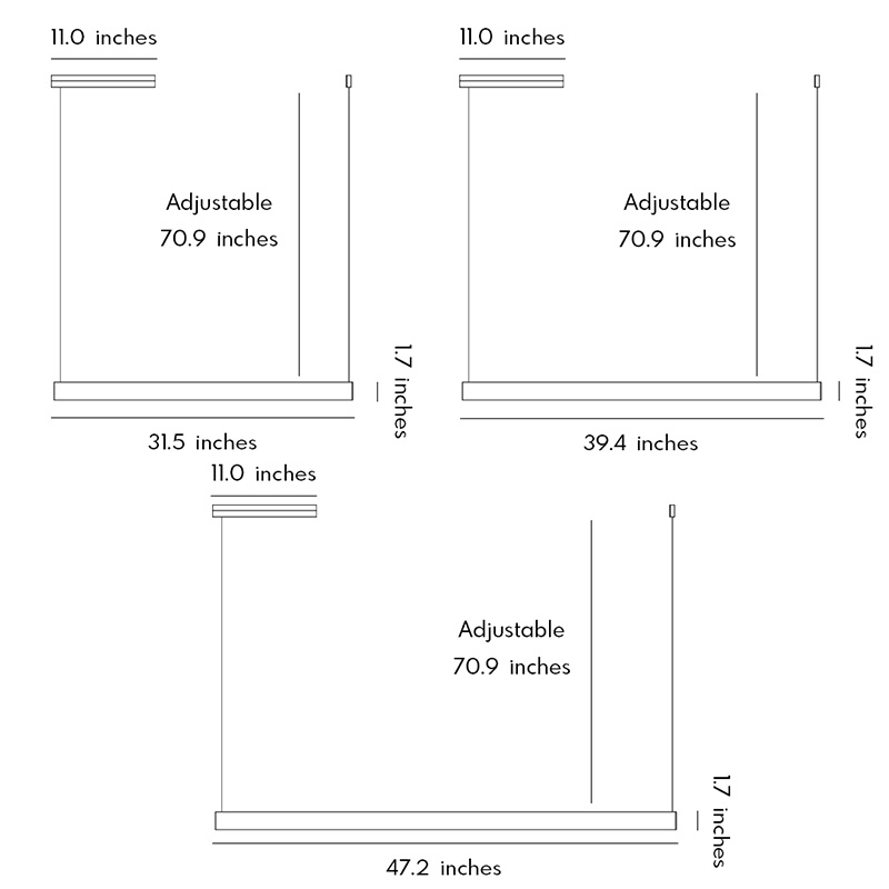 Product dimension diagrams for three styles of linear suspension lights.
