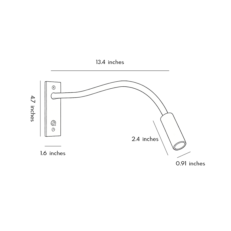 Product dimension diagram for the swing-arm wall-mount light 4.7inch by 1.6inch by 13.4inch.