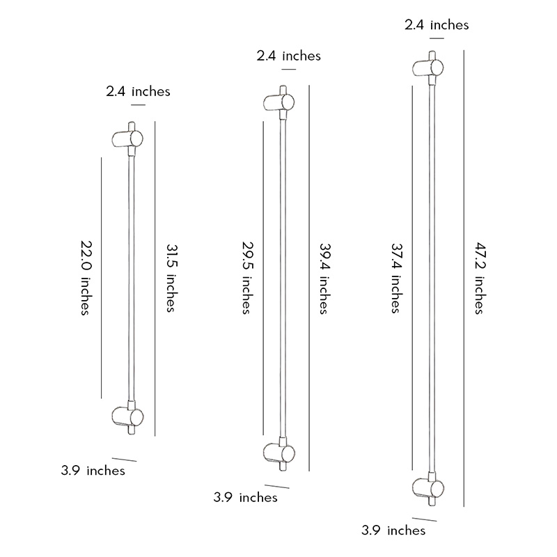 Product dimension diagrams for three styles of long linear wall sconces.