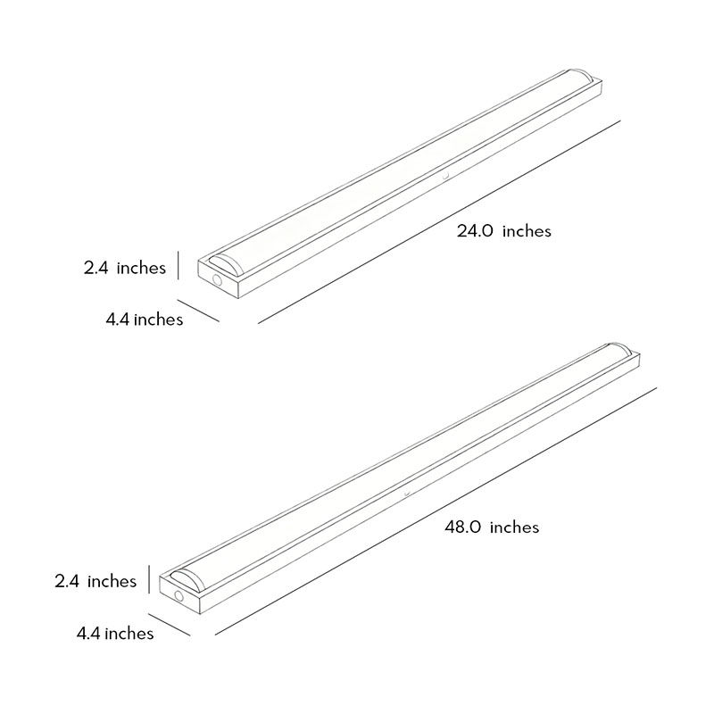 Product dimension diagrams for two styles of linear ceiling lights.