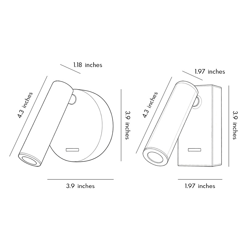 Product dimension diagrams for two styles of LED wall reading lights.