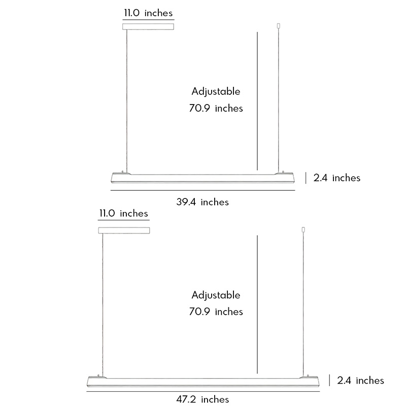 Product dimension diagrams for two styles of LED linear suspension lighting.