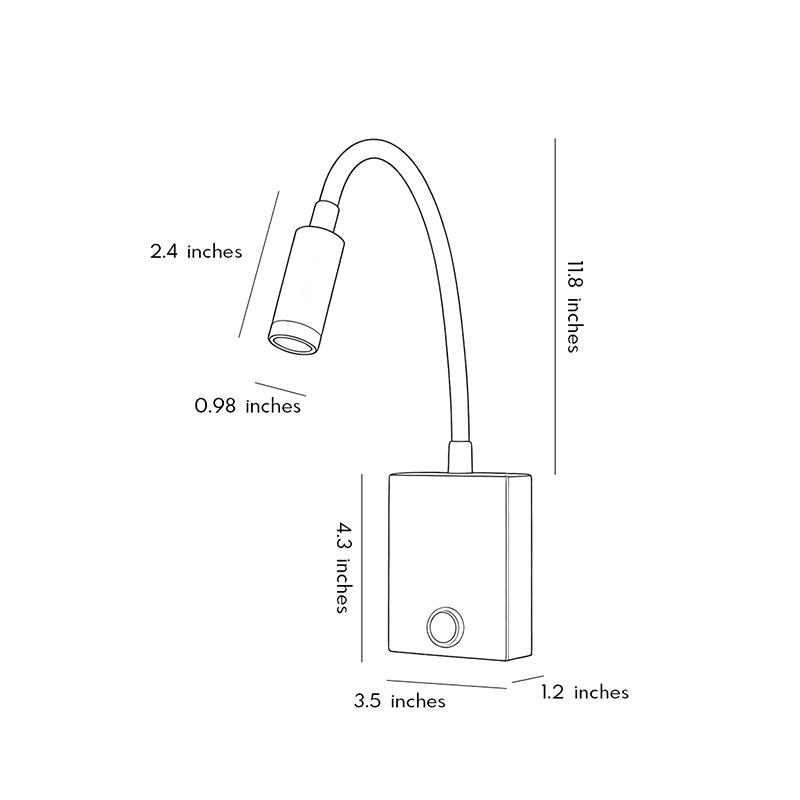 Product dimension diagrams for bedside reading wall lights 3.5inch by 1.2inch by 4.3inch by 11.8inch.