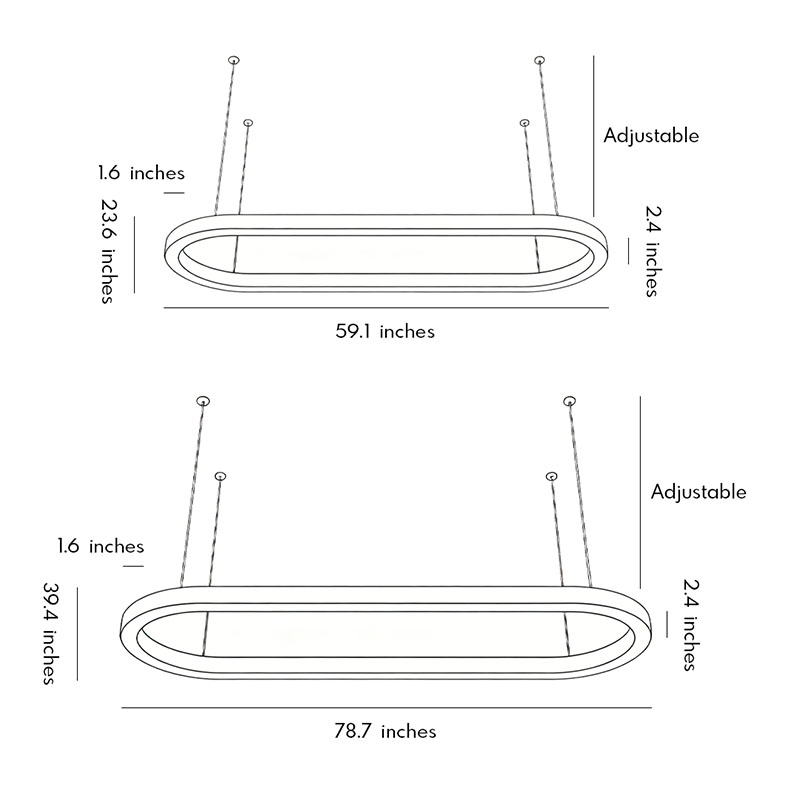 Product dimension diagrams for the two styles of oval chandeliers.