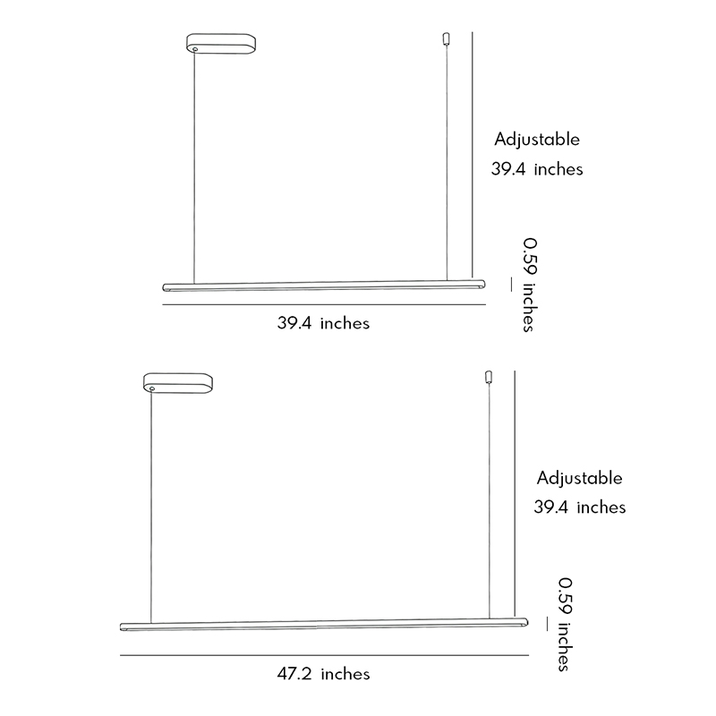 Product dimension diagrams for the two styles of Linear Gold Pendant Lights.