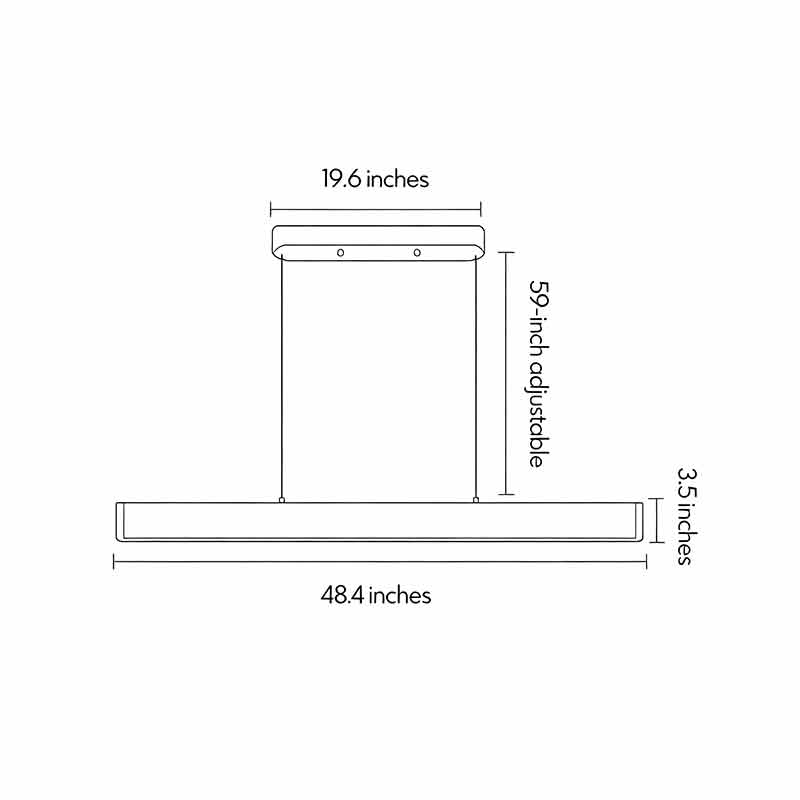 Product dimension diagrams for contemporary linear chandeliers 48.4inch by 3.5inch.