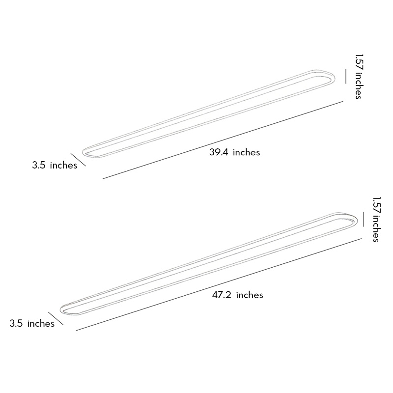 Product dimension diagrams for two styles of linear ceiling lights.