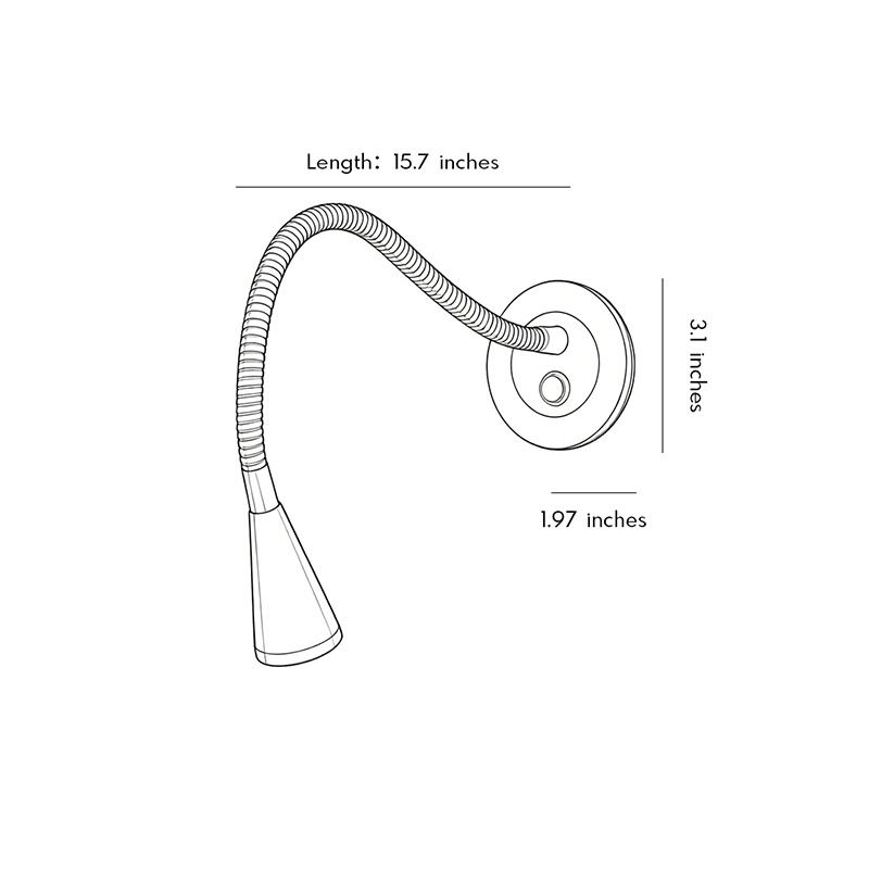 Product dimension diagram for the swing-arm wall light 1.97inch by 3.1inch by 15.7inch.