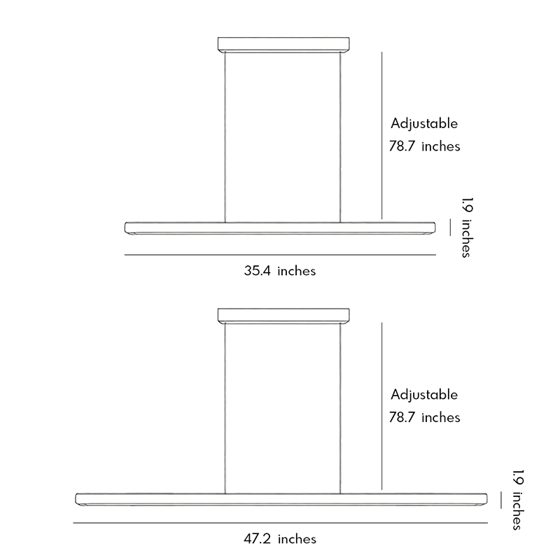 Product Dimension Diagrams for Two Styles of LED Linear Suspension Lights.