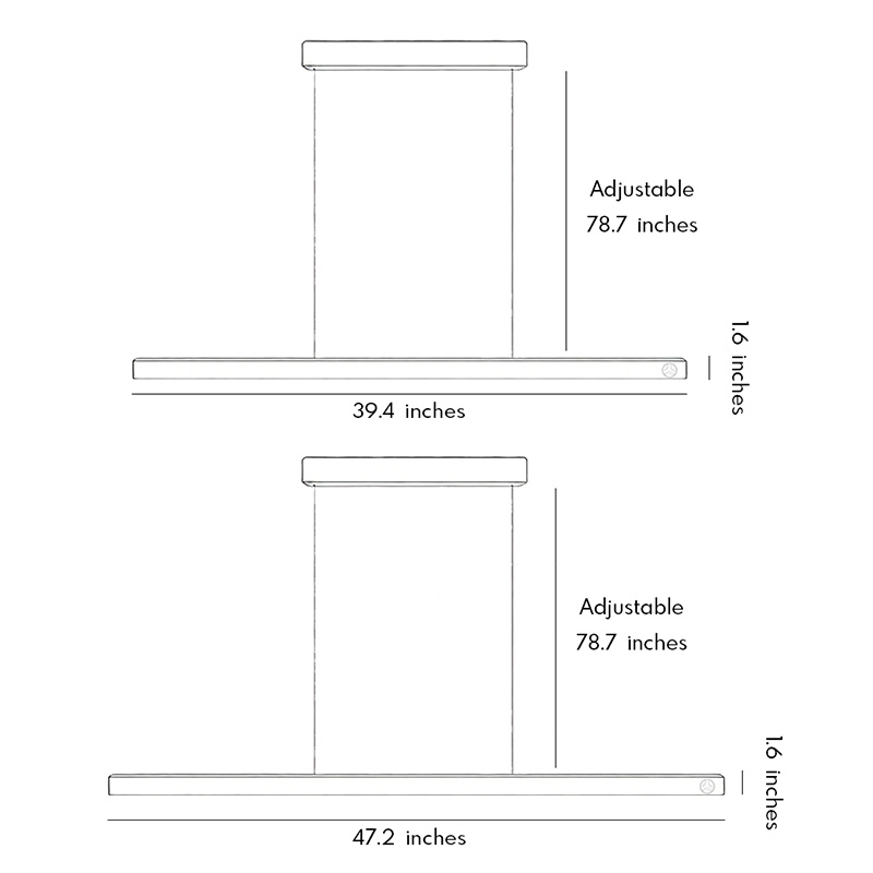 Product dimension diagrams for two styles of linear suspension lighting fixtures.