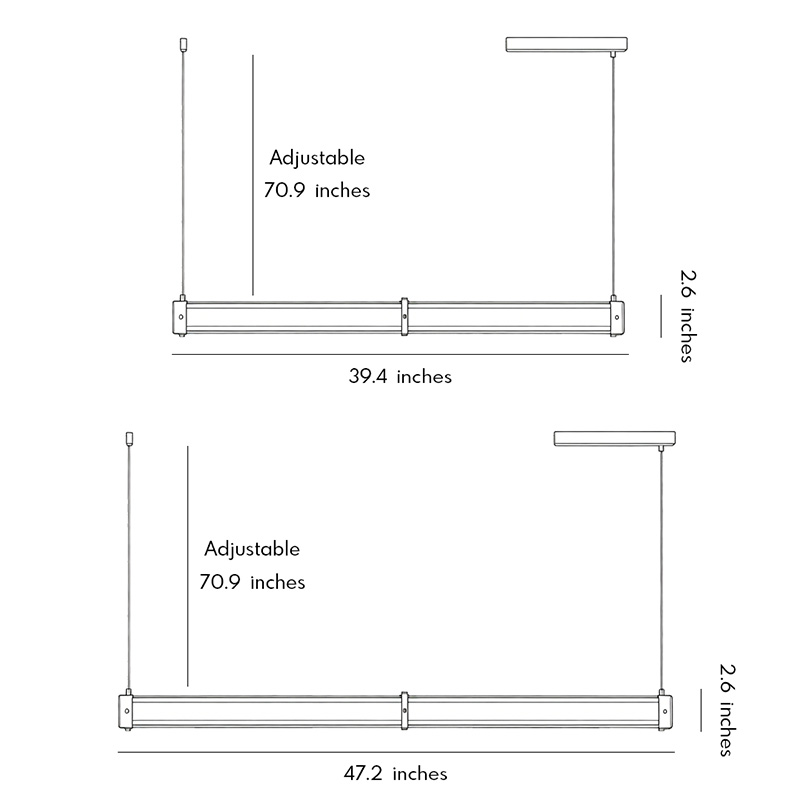 Product dimension diagrams for two styles of contemporary linear suspension lighting.