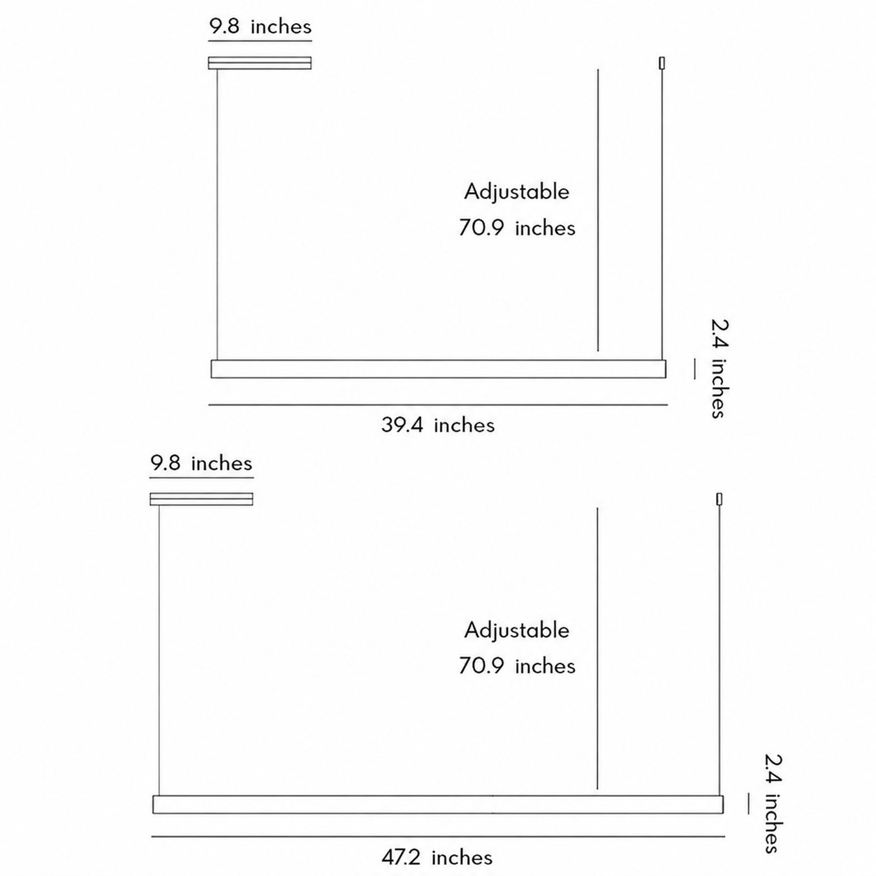 Product dimension diagrams for two styles of linear pendant light fixtures.